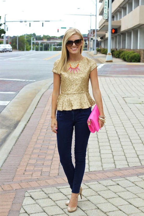 Sequin top paired with jeans | via Life with Emily