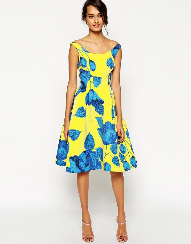 Yellow and Blue Summer Wedding Guest Outfit - Asos Bardot Dress