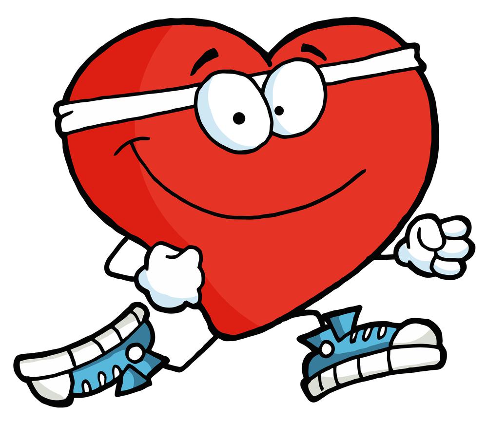 Royalty-free clipart picture of a healthy red heart running past, on a white background.