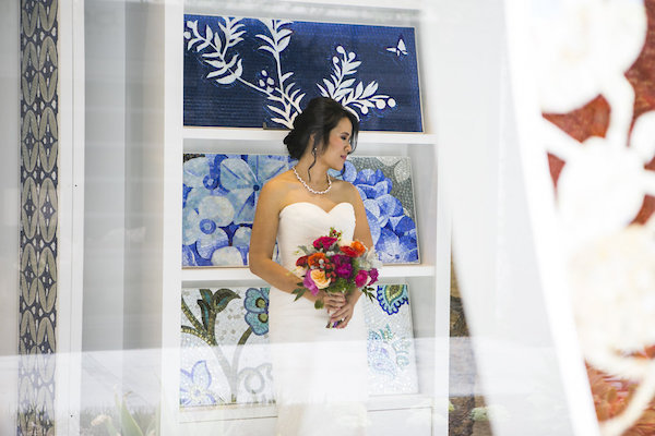 bride with colorful bouquet
