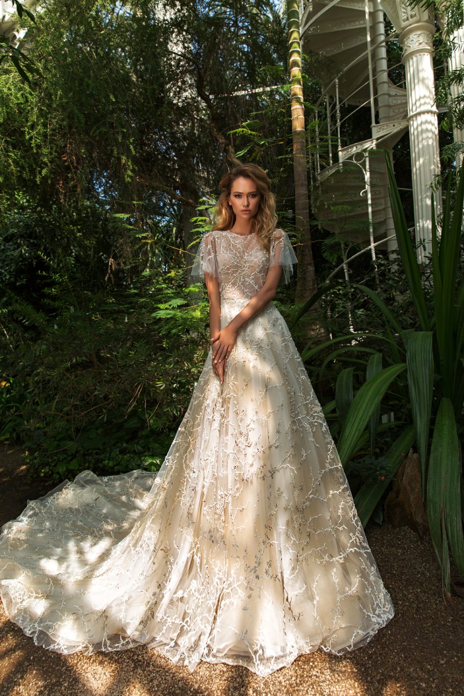 illusion flutter sleeve wedding dress by Crystal Design Couture