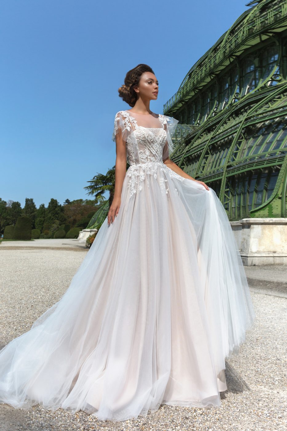 illusion flutter sleeve wedding dress by Crystal Design Couture