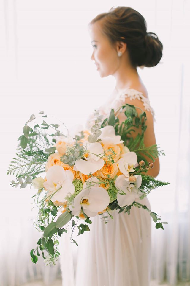 Bouquet of Viva Ecuadorian Roses White Phalaenopsis Orchids Queen Anne's Lace Greenery