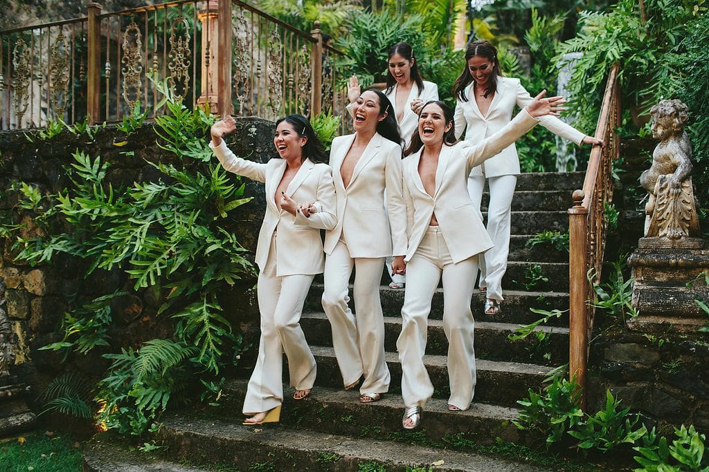 bridesmaids in white suits