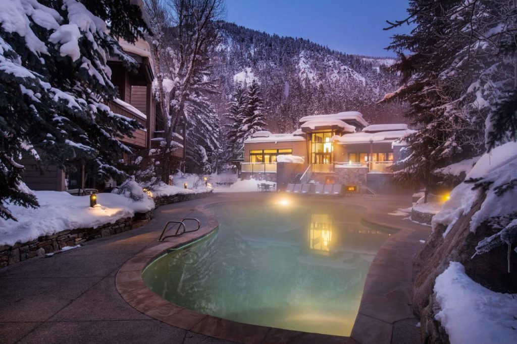 Heated pool in the snow at the Gant Resort in Aspen Colorado