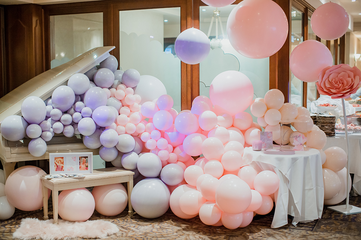 peach pink and lavender christening decor and design in australia. with balloon arch. chic party ideas and celebrations inspiration. by perfête.