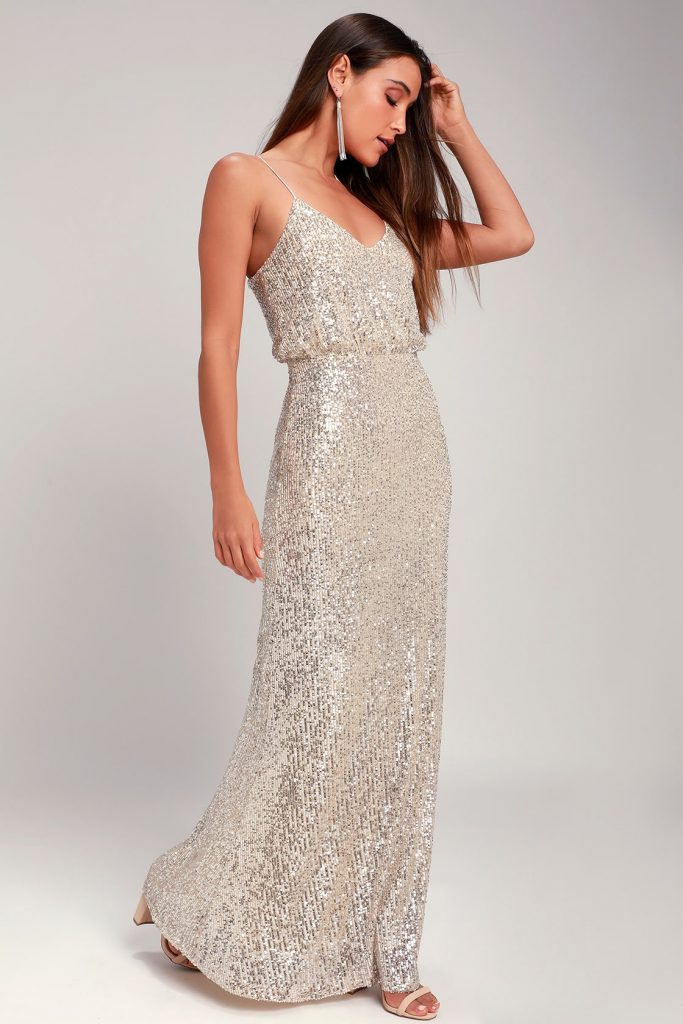 sparkle and shine with this chic and affordable wedding reception dress. strappy. in gold. floor length.