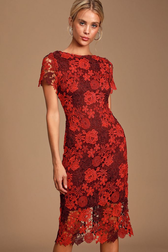 red fitted lace dress midi by lulus