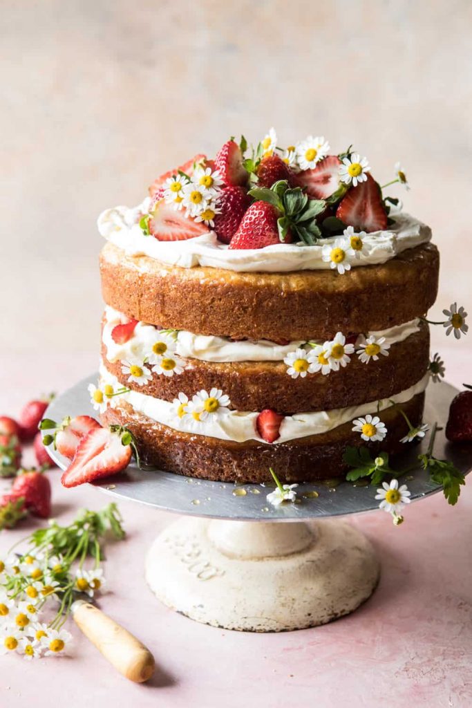 simple naked cake with strawberries
