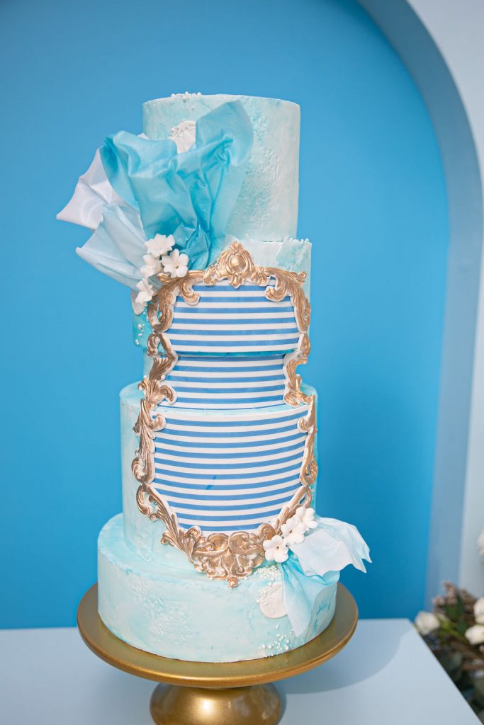 blue watercolor and striped cake